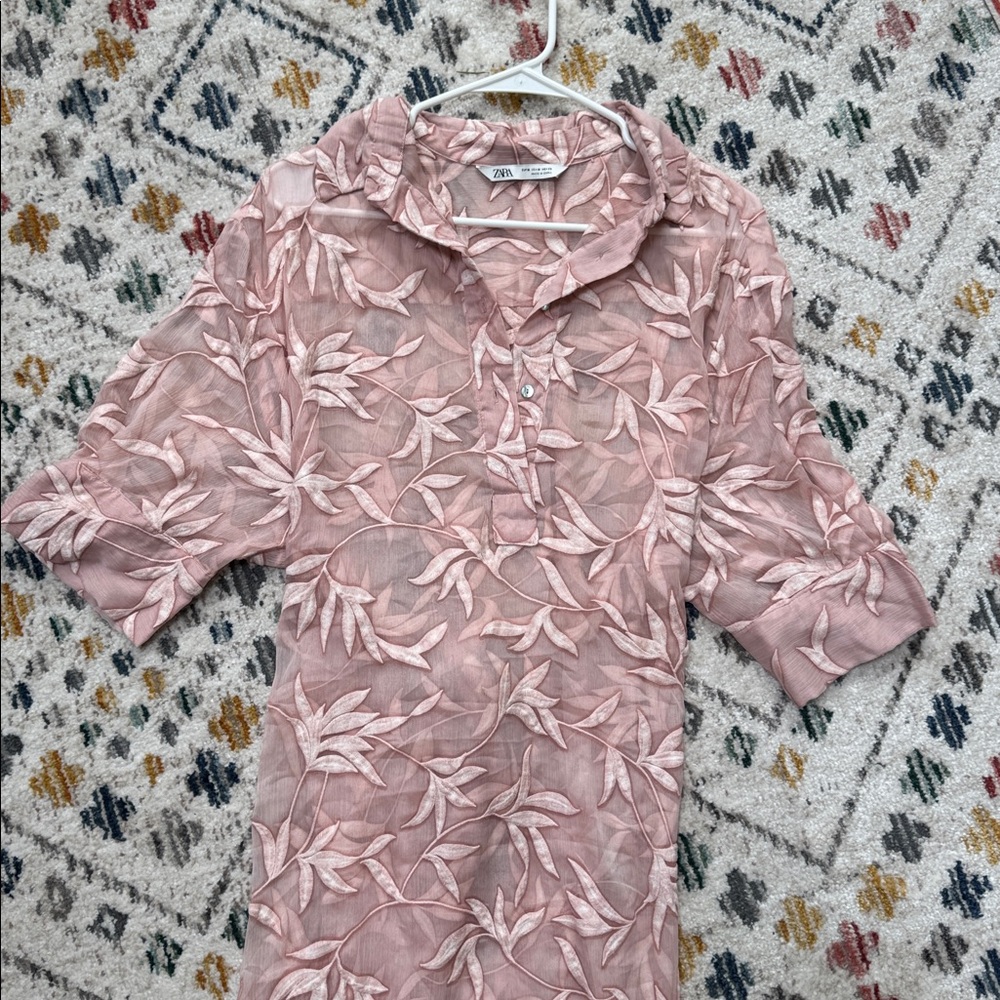 ZARA Sheer Embroidered Midi Dress Pink Floral Beach Coverup Oversized Resort - Picture 2 of 6